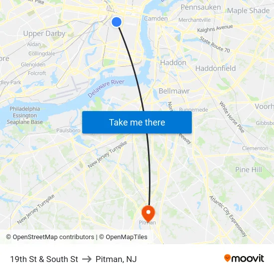 19th St & South St to Pitman, NJ map