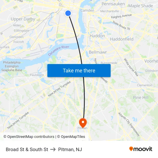 Broad St & South St to Pitman, NJ map