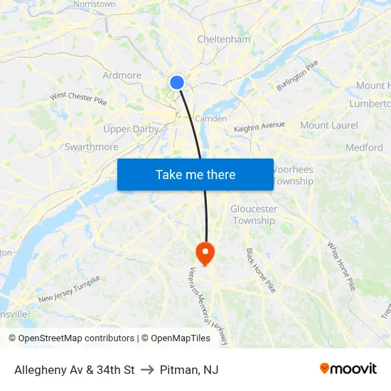 Allegheny Av & 34th St to Pitman, NJ map