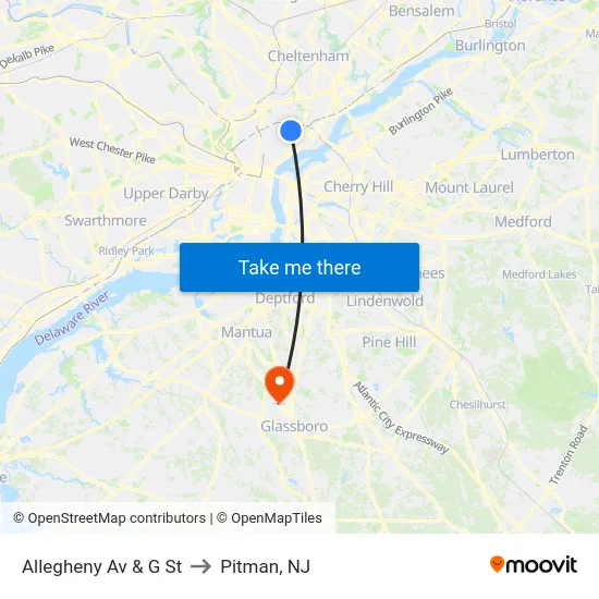 Allegheny Av & G St to Pitman, NJ map
