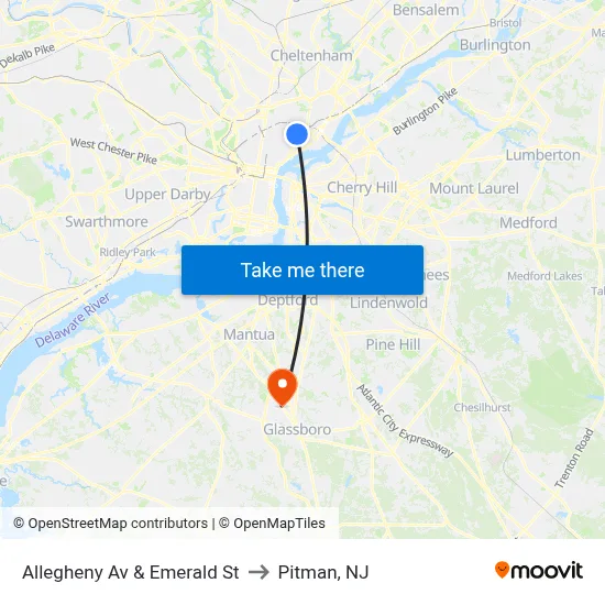 Allegheny Av & Emerald St to Pitman, NJ map