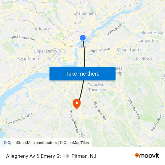 Allegheny Av & Emery St to Pitman, NJ map
