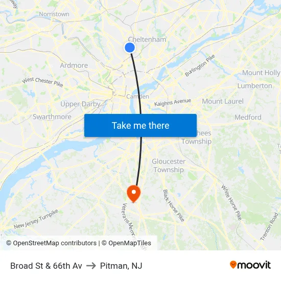 Broad St & 66th Av to Pitman, NJ map