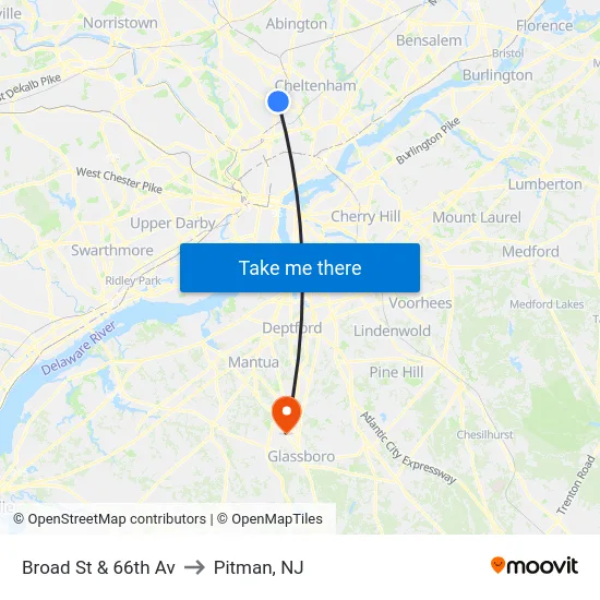 Broad St & 66th Av to Pitman, NJ map