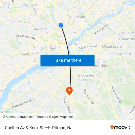 Chelten Av & Knox St to Pitman, NJ map