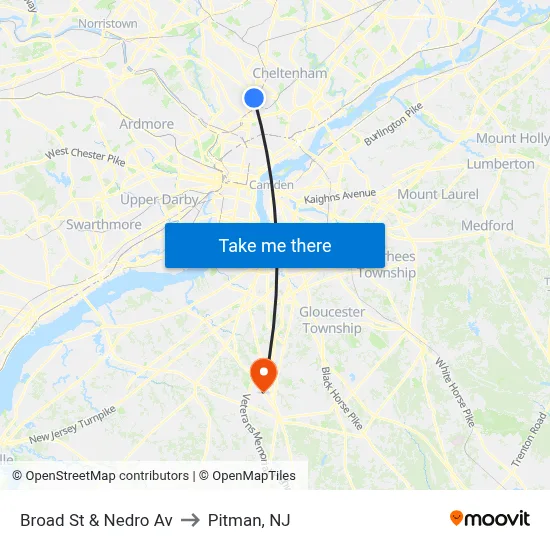 Broad St & Nedro Av to Pitman, NJ map