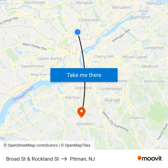Broad St & Rockland St to Pitman, NJ map