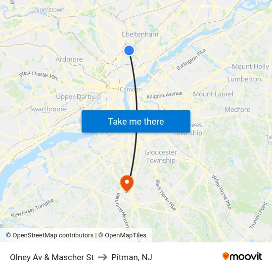 Olney Av & Mascher St to Pitman, NJ map
