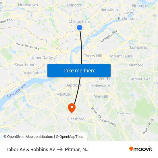 Tabor Av & Robbins Av to Pitman, NJ map