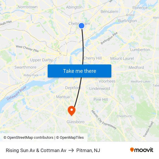 Rising Sun Av & Cottman Av to Pitman, NJ map