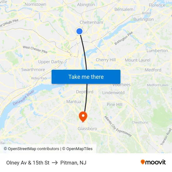 Olney Av & 15th St to Pitman, NJ map