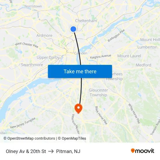 Olney Av & 20th St to Pitman, NJ map