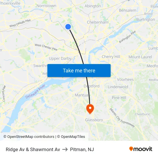 Ridge Av & Shawmont Av to Pitman, NJ map
