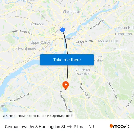 Germantown Av & Huntingdon St to Pitman, NJ map