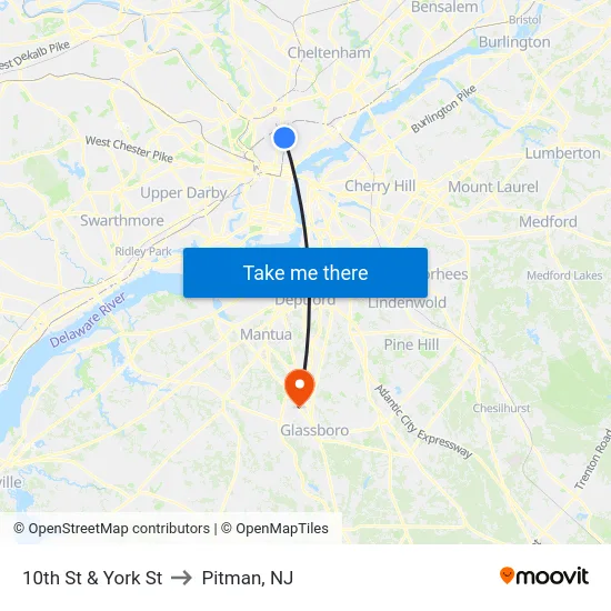 10th St & York St to Pitman, NJ map