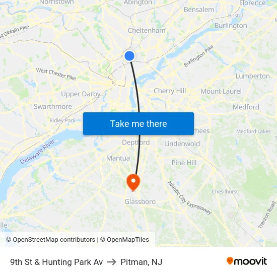 9th St & Hunting Park Av to Pitman, NJ map