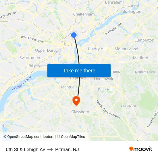 6th St & Lehigh Av to Pitman, NJ map