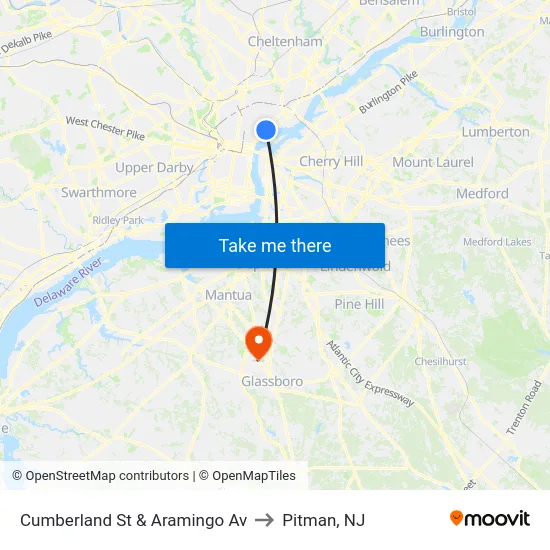 Cumberland St & Aramingo Av to Pitman, NJ map