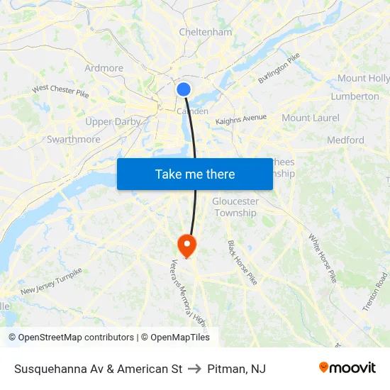 Susquehanna Av & American St to Pitman, NJ map