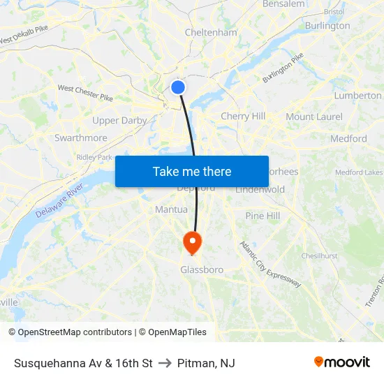 Susquehanna Av & 16th St to Pitman, NJ map