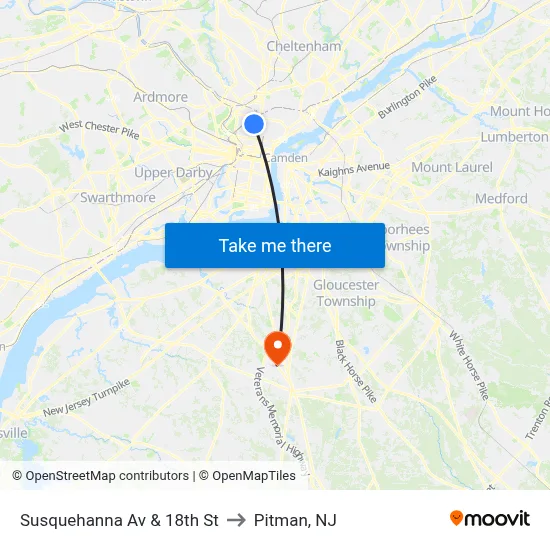 Susquehanna Av & 18th St to Pitman, NJ map