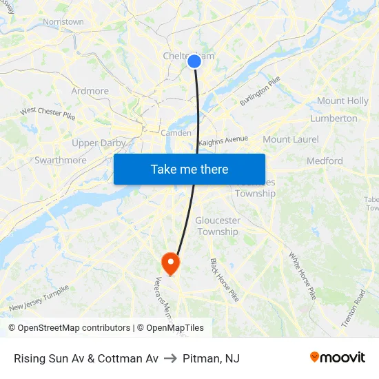 Rising Sun Av & Cottman Av to Pitman, NJ map
