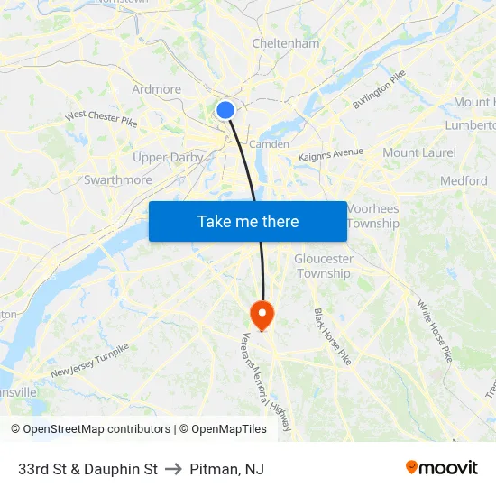 33rd St & Dauphin St to Pitman, NJ map