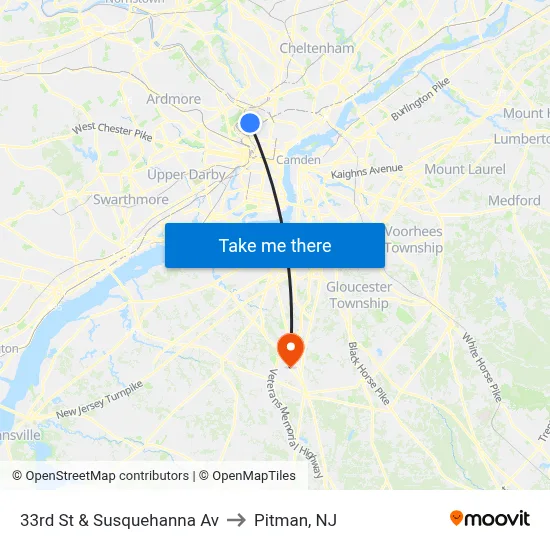 33rd St & Susquehanna Av to Pitman, NJ map