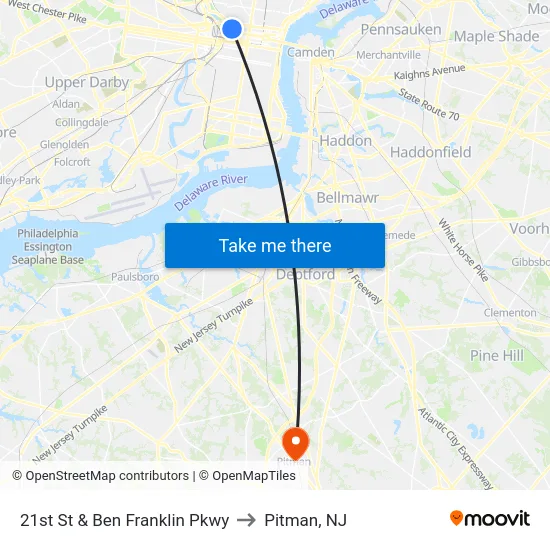 21st St & Ben Franklin Pkwy to Pitman, NJ map