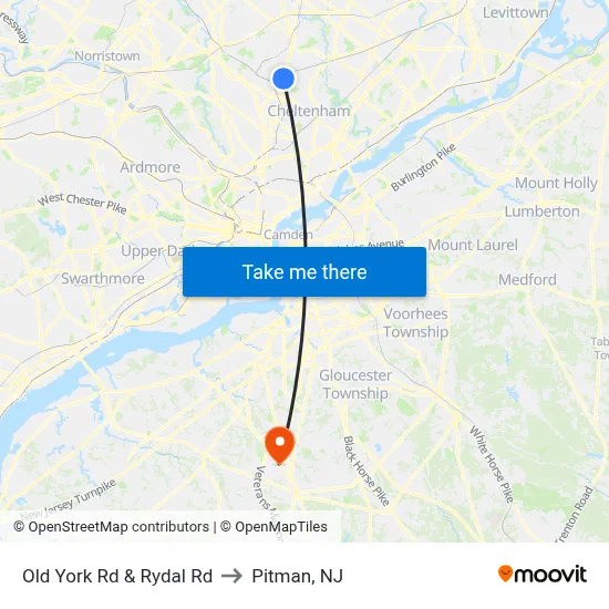 Old York Rd & Rydal Rd to Pitman, NJ map