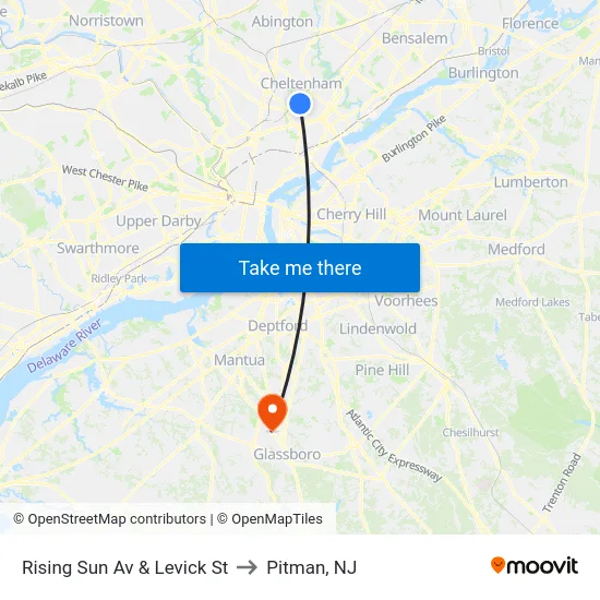 Rising Sun Av & Levick St to Pitman, NJ map