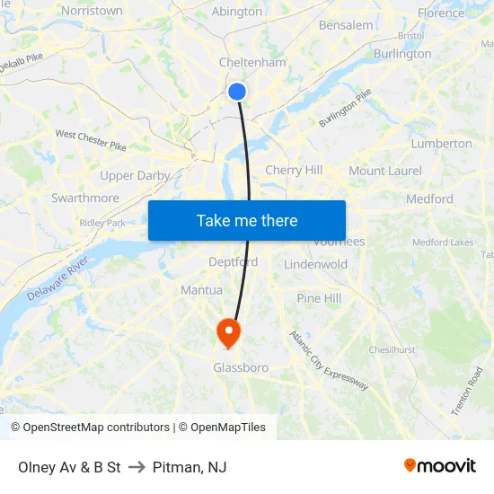 Olney Av & B St to Pitman, NJ map