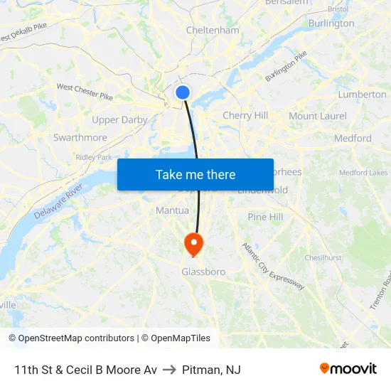 11th St & Cecil B Moore Av to Pitman, NJ map