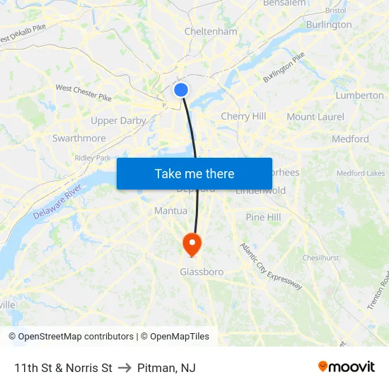 11th St & Norris St to Pitman, NJ map