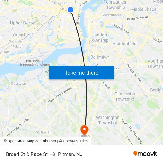 Broad St & Race St to Pitman, NJ map