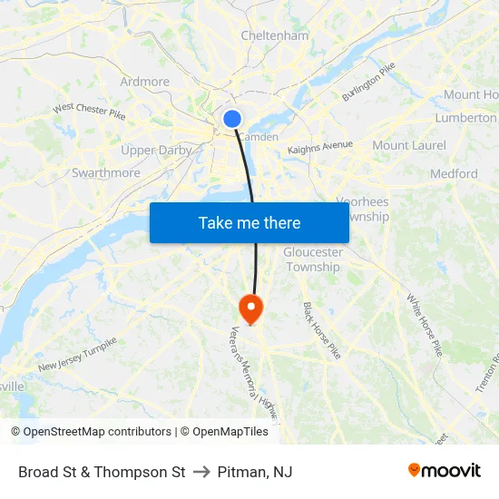 Broad St & Thompson St to Pitman, NJ map