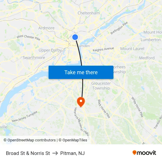 Broad St & Norris St to Pitman, NJ map
