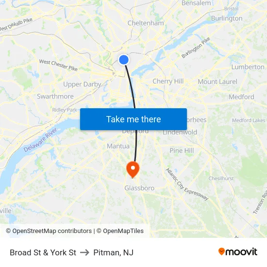 Broad St & York St to Pitman, NJ map