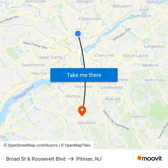 Broad St & Roosevelt Blvd to Pitman, NJ map