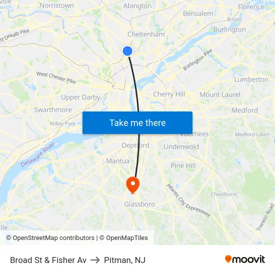 Broad St & Fisher Av to Pitman, NJ map