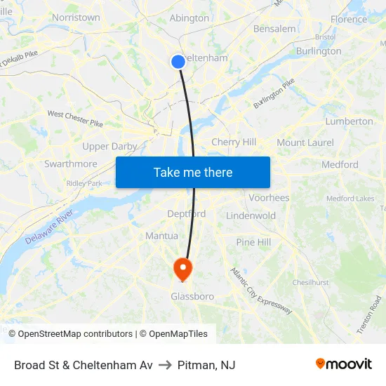 Broad St & Cheltenham Av to Pitman, NJ map