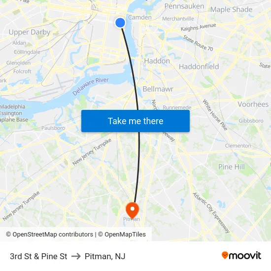 3rd St & Pine St to Pitman, NJ map