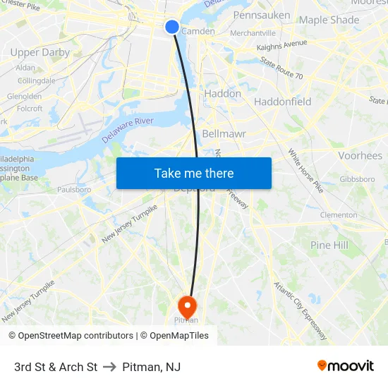 3rd St & Arch St to Pitman, NJ map