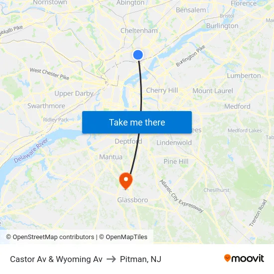 Castor Av & Wyoming Av to Pitman, NJ map