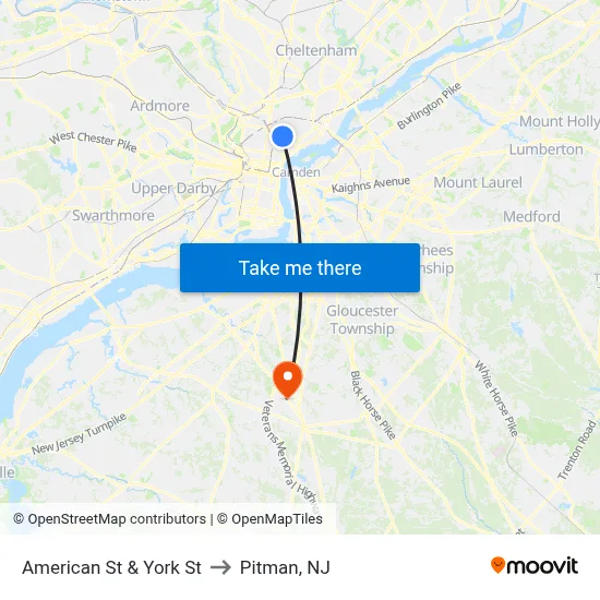 American St & York St to Pitman, NJ map