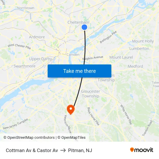 Cottman Av & Castor Av to Pitman, NJ map