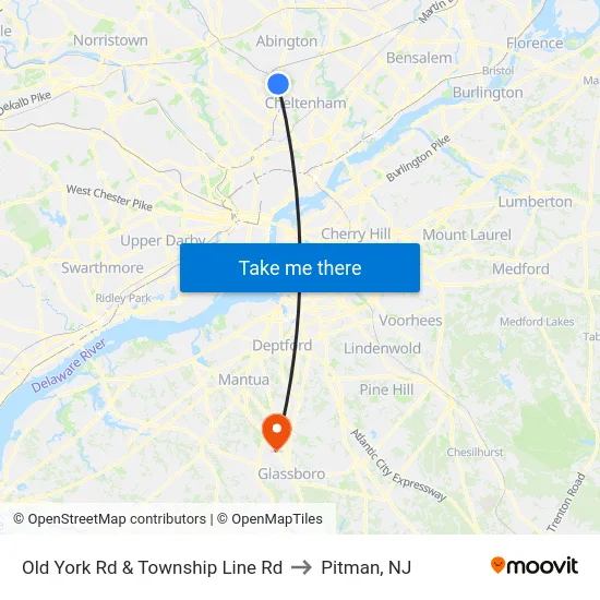 Old York Rd & Township Line Rd to Pitman, NJ map
