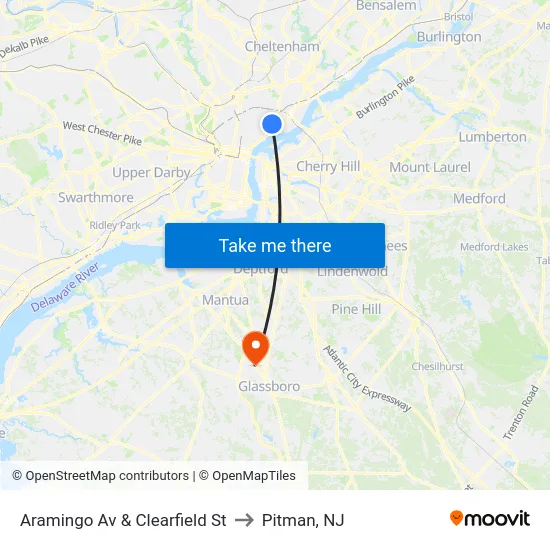 Aramingo Av & Clearfield St to Pitman, NJ map