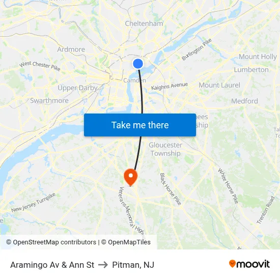 Aramingo Av & Ann St to Pitman, NJ map