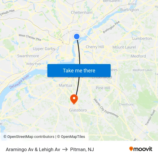 Aramingo Av & Lehigh Av to Pitman, NJ map